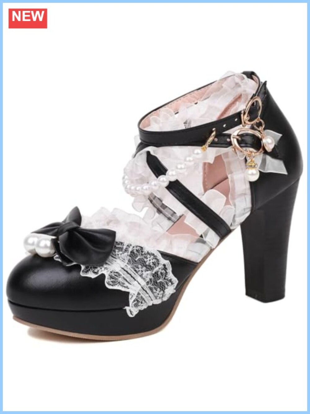 Lolita Mary Jane Platform Heels Lace Pearl Bow Block Pumps